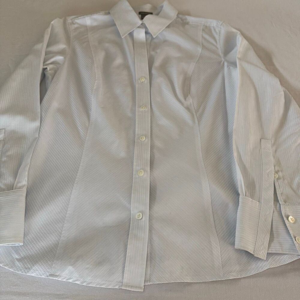 Ann Taylor Classic Blue White Pinstripe Button Front Shirt | Long Sleeve Career